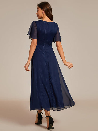 Shimmery V Neck Tea Length Wedding Guest Dress With Short Sleeves