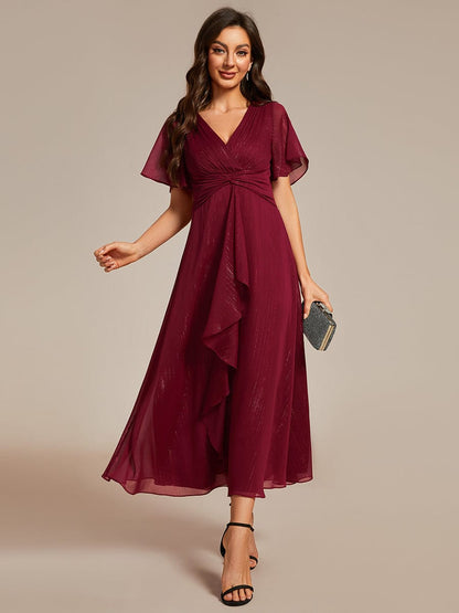 Shimmery V Neck Tea Length Wedding Guest Dress With Short Sleeves