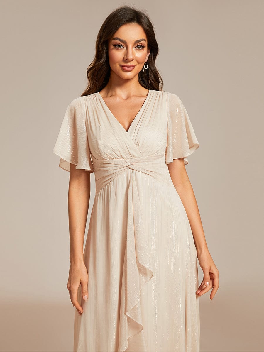 Shimmery V Neck Tea Length Wedding Guest Dress With Short Sleeves