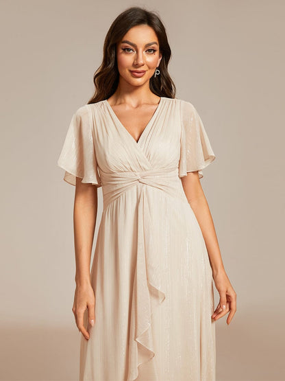Shimmery V Neck Tea Length Wedding Guest Dress With Short Sleeves