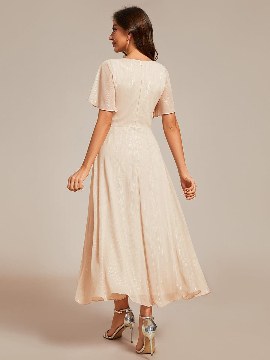 Shimmery V Neck Tea Length Wedding Guest Dress With Short Sleeves