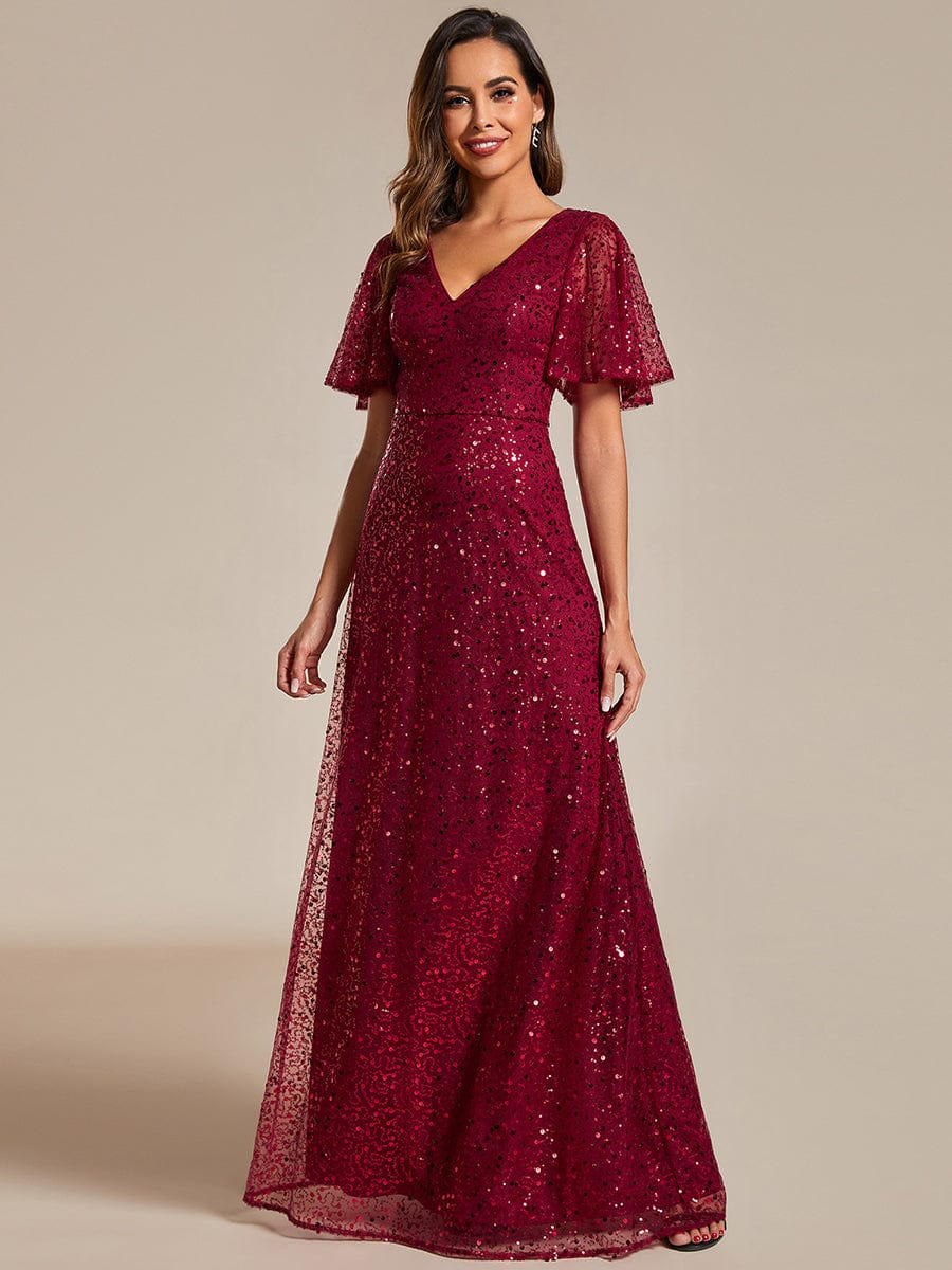 Shiny Short Sleeves Sequined A-Line Evening Dress