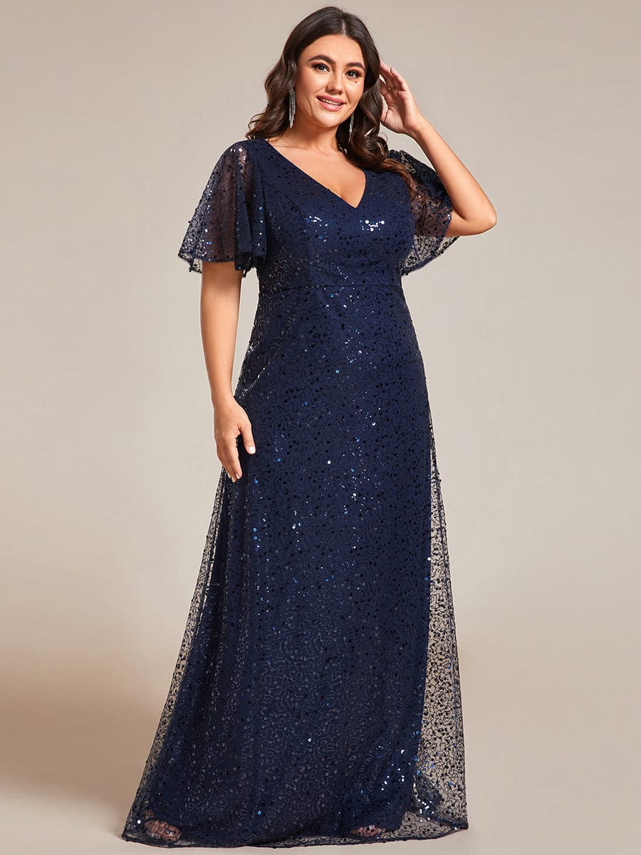 Shiny Short Sleeves Sequined A-Line Evening Dress