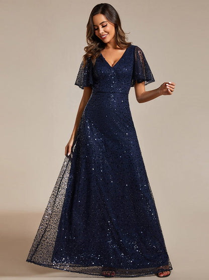 Shiny Short Sleeves Sequined A-Line Evening Dress