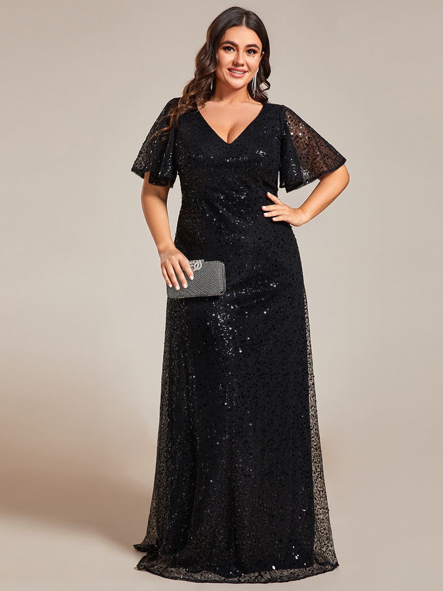 Shiny Short Sleeves Sequined A-Line Evening Dress