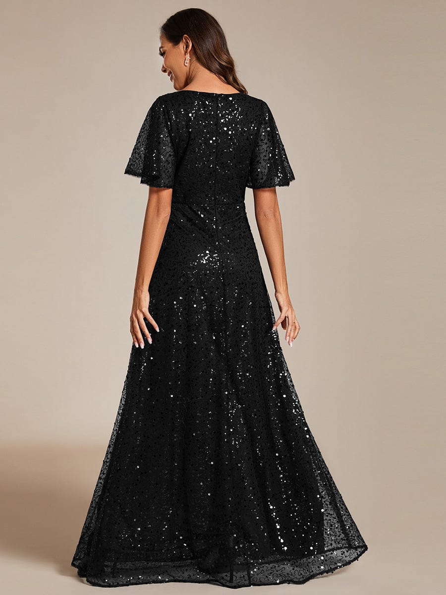 Shiny Short Sleeves Sequined A-Line Evening Dress