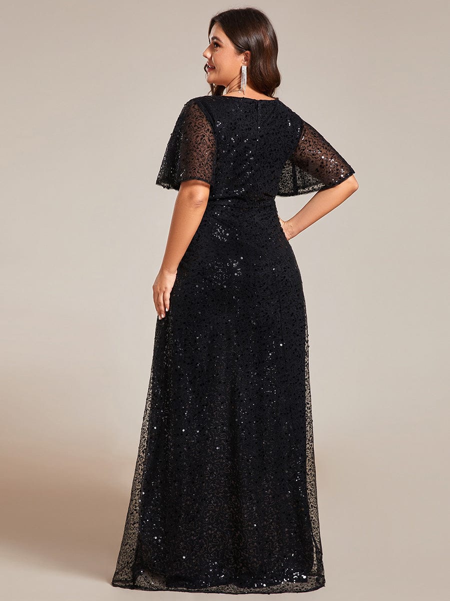 Shiny Short Sleeves Sequined A-Line Evening Dress