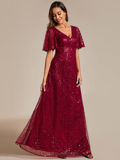 Shiny Short Sleeves Sequined A-Line Evening Dress