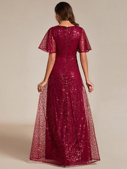Shiny Short Sleeves Sequined A-Line Evening Dress