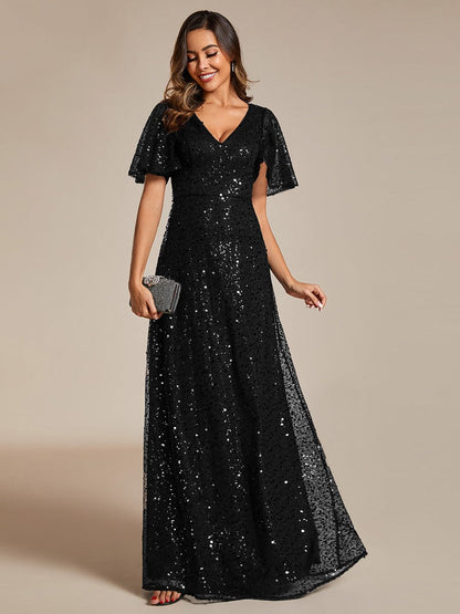 Shiny Short Sleeves Sequined A-Line Evening Dress