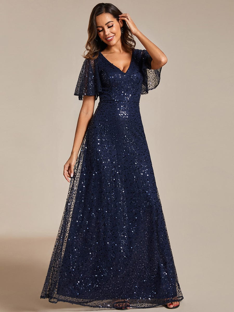 Shiny Short Sleeves Sequined A-Line Evening Dress