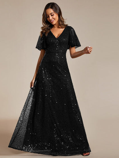 Shiny Short Sleeves Sequined A-Line Evening Dress