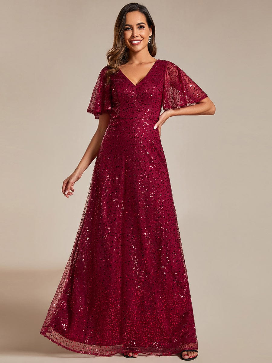 Shiny Short Sleeves Sequined A-Line Evening Dress