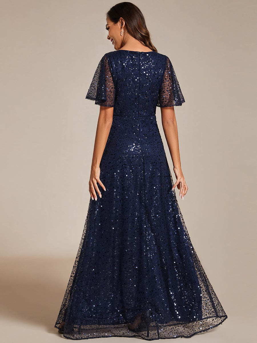 Shiny Short Sleeves Sequined A-Line Evening Dress