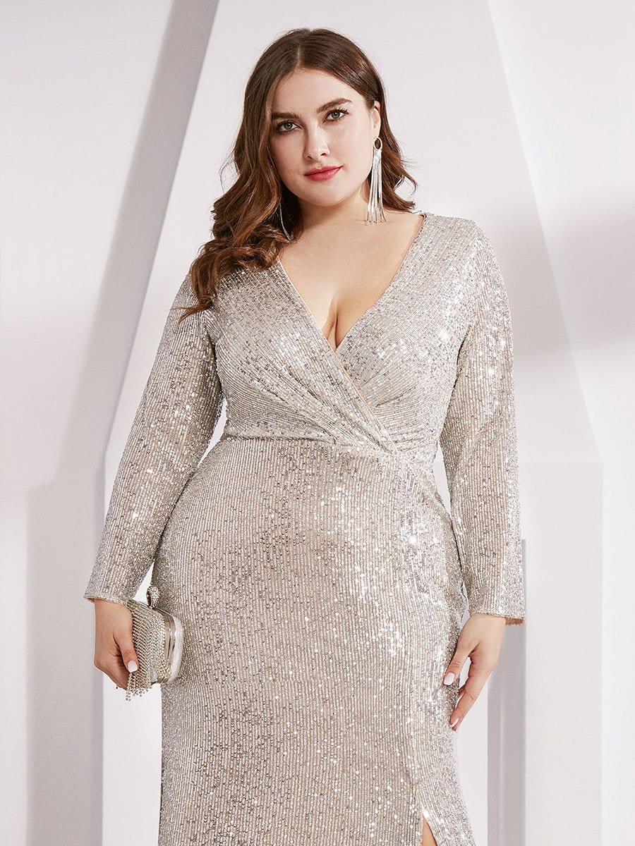 Shiny V Neck Sequin Long Sleeves Evening Dress