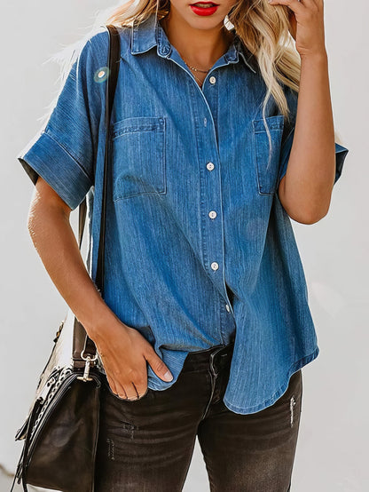 Blouses - Short Sleeve Pocket Straight Denim Blouses - MsDressly