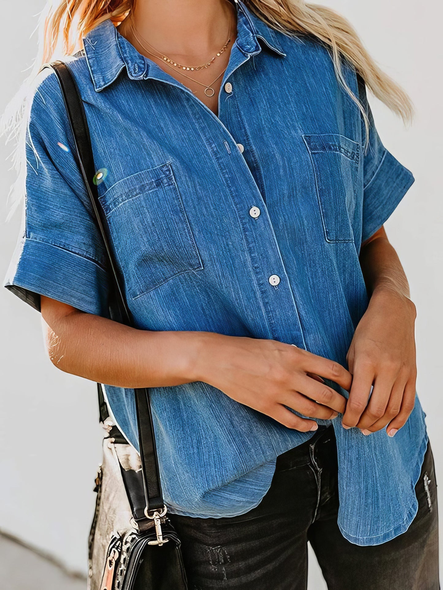 Blouses - Short Sleeve Pocket Straight Denim Blouses - MsDressly