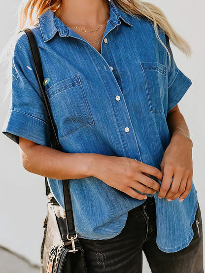 Blouses - Short Sleeve Pocket Straight Denim Blouses - MsDressly