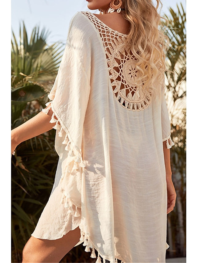 Women's Dress - Swimwear Cover Up Beach Dress Normal Swimsuit UV Protection Tassel Printing Hole Pure Color Black Beige White Scoop Neck Bathing Suits New Vacation Daily