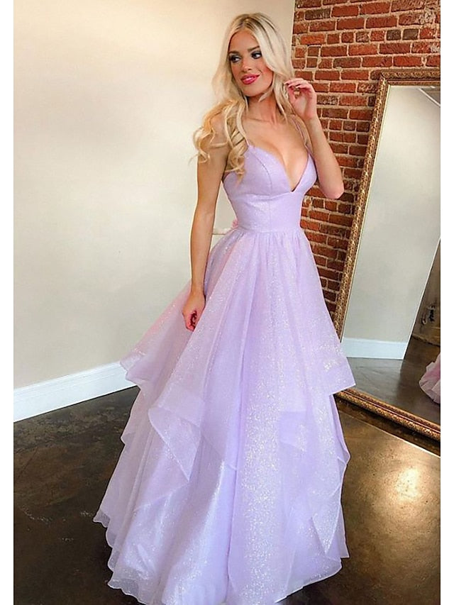 Ball Gown A-Line Prom Dresses Sparkle & Shine Dress Formal Floor Length Sleeveless Sweetheart Tulle Backless with Pleats Ruffles 2023 - LuckyFash™