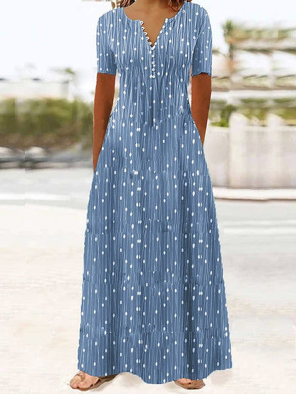 Women's Dress - Long Dress Maxi Dress Casual Dress A Line Dress Print Dress Graphic Streetwear Casual Daily Holiday Vacation Button Pocket Short Sleeve V Neck Dress Regular Fit Red Blue Dark Blue Summer