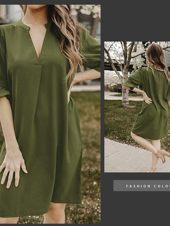 Simple Ice Silk Shirt Dress for Women with Wrinkle Detail