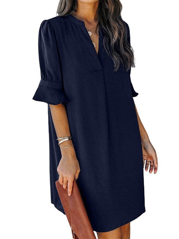 Simple Ice Silk Shirt Dress for Women with Wrinkle Detail