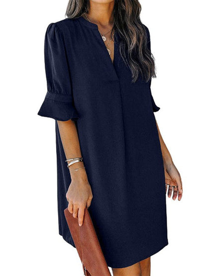 Simple Ice Silk Shirt Dress for Women with Wrinkle Detail