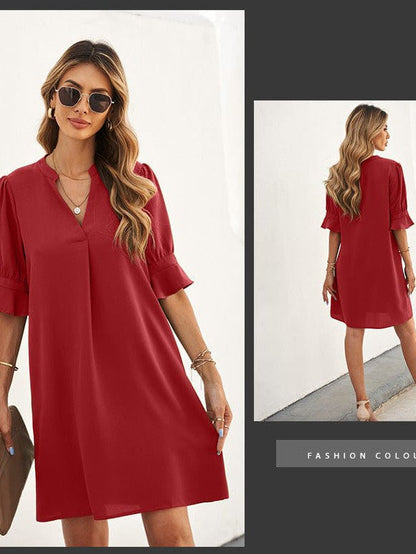 Simple Ice Silk Shirt Dress for Women with Wrinkle Detail