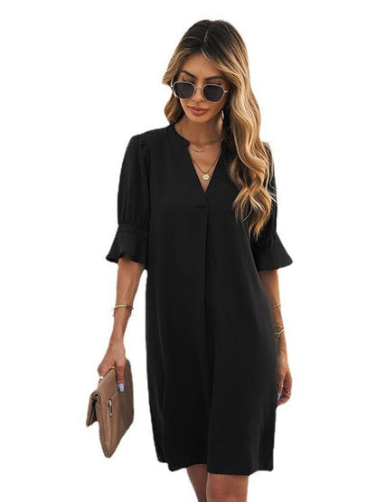 Simple Ice Silk Shirt Dress for Women with Wrinkle Detail