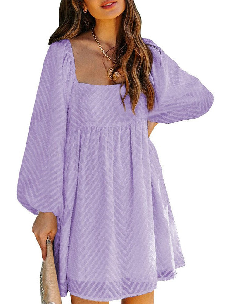 Simple Jacquard Lantern Sleeve A-Line Dress with Square Neck