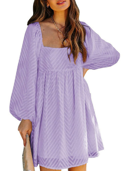 Simple Jacquard Lantern Sleeve A-Line Dress with Square Neck
