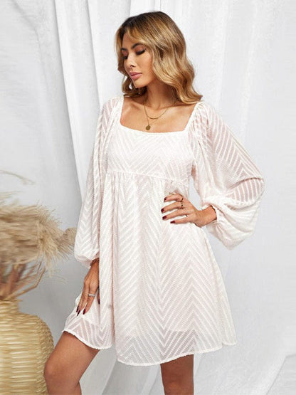 Simple Jacquard Lantern Sleeve A-Line Dress with Square Neck