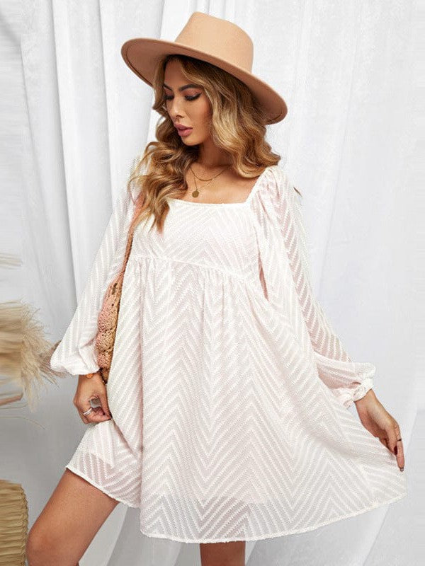 Simple Jacquard Lantern Sleeve A-Line Dress with Square Neck