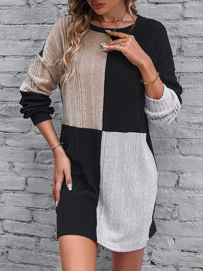 Simple Loose Casual Round Neck Long Sleeve Contrast Color Women's Dress
