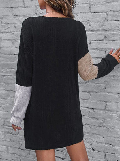 Simple Loose Casual Round Neck Long Sleeve Contrast Color Women's Dress