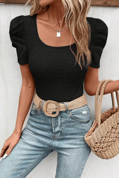 Simple Round Neck Pleated Short Sleeve T-Shirt -Circular Cap - Drop Shoulder - Scoop - Jewel - Closed