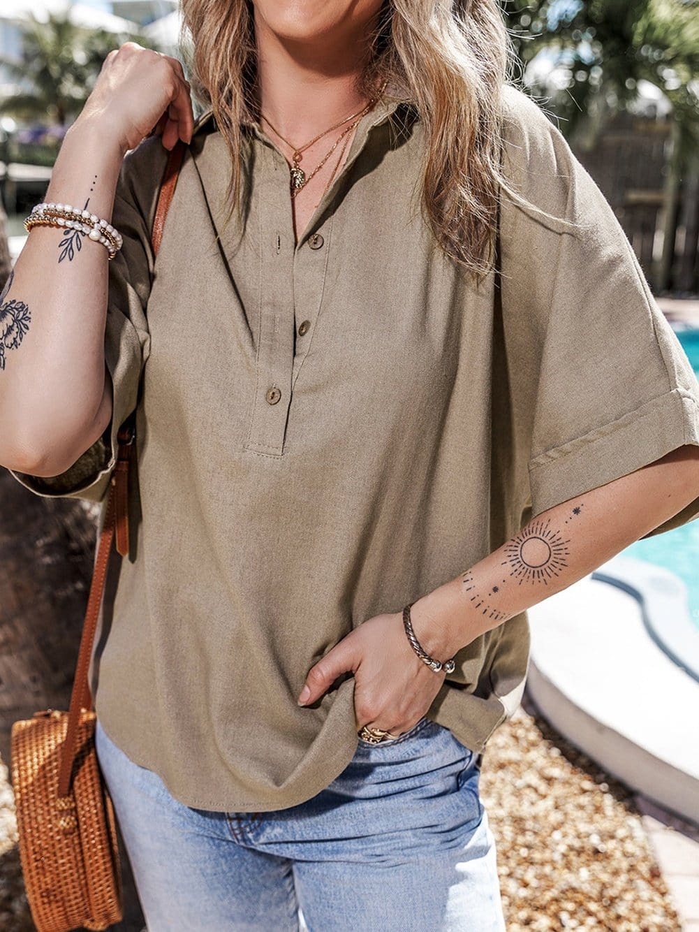 Simply Taupe Oversized Collared Button-Up Short Sleeve Top