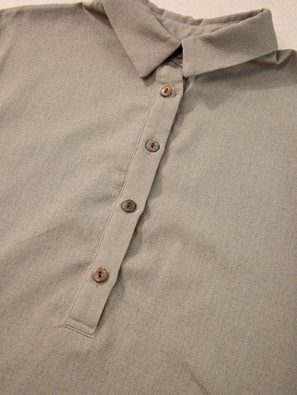 Simply Taupe Oversized Collared Button-Up Short Sleeve Top
