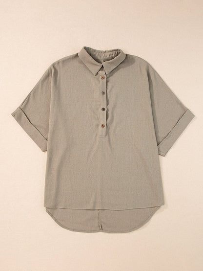 Simply Taupe Oversized Collared Button-Up Short Sleeve Top