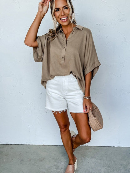Simply Taupe Oversized Collared Button-Up Short Sleeve Top