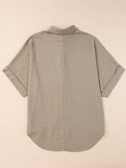 Simply Taupe Oversized Collared Button-Up Short Sleeve Top