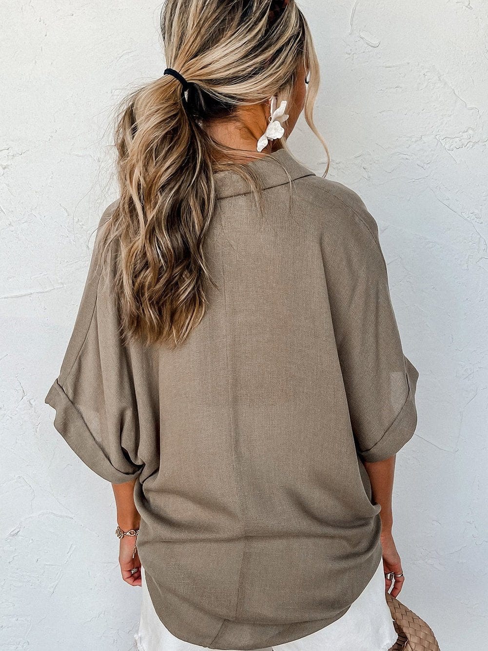 Simply Taupe Oversized Collared Button-Up Short Sleeve Top