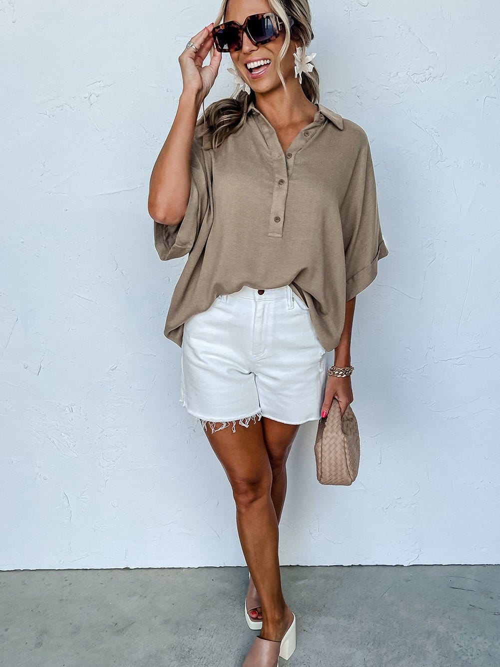 Simply Taupe Oversized Collared Button-Up Short Sleeve Top