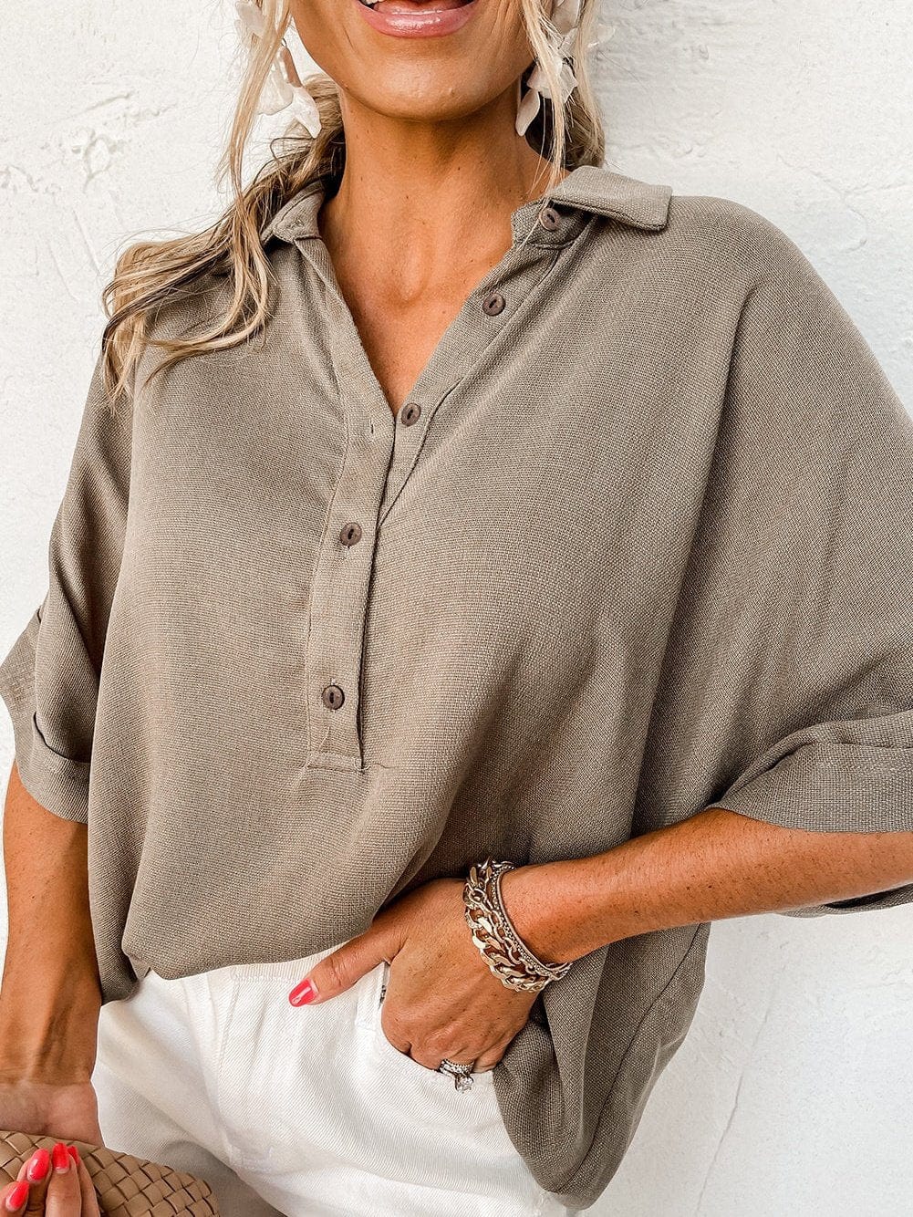 Simply Taupe Oversized Collared Button-Up Short Sleeve Top