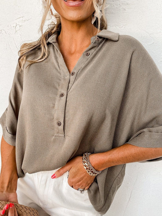 Simply Taupe Oversized Collared Button-Up Short Sleeve Top