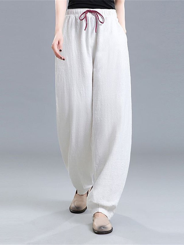 Women's Pants Trousers Linen Cotton Blend Plain Black White Vacation High Waist Full Length Outdoor Street Fall Winter