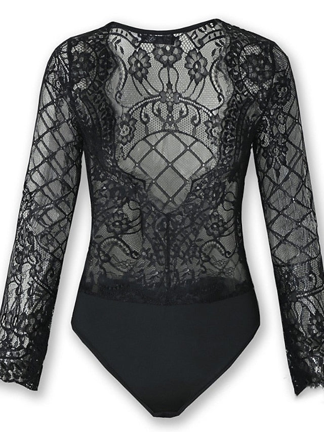 Jumpsuits for Women Sexy Bodysuit Lace Solid Color V Neck Basic Party Going out Regular Fit Long Sleeve Black S M L Spring - LuckyFash™