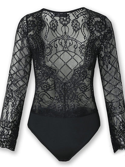 Jumpsuits for Women Sexy Bodysuit Lace Solid Color V Neck Basic Party Going out Regular Fit Long Sleeve Black S M L Spring - LuckyFash™
