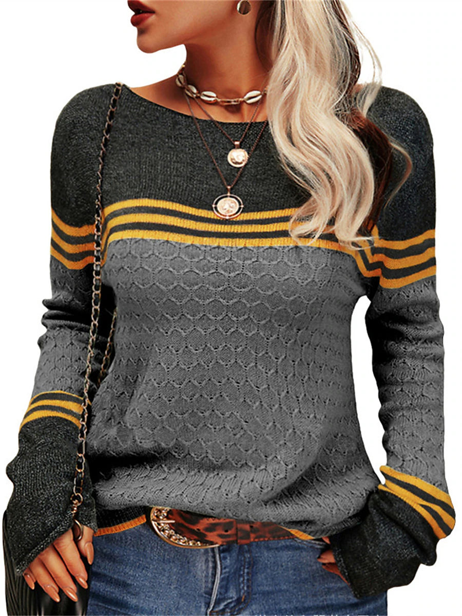 Women's Pullover Sweater Jumper Crew Neck Ribbed Knit Acrylic Patchwork Fall Winter Regular Outdoor Daily Going out Stylish Casual Soft Long Sleeve Color Block Striped Black White Pink S M L